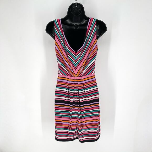 Betsey Johnson V-Neck Sleeveless Dress Sz 2 Pink Multi Striped Front Sash Zipper - Picture 4 of 9